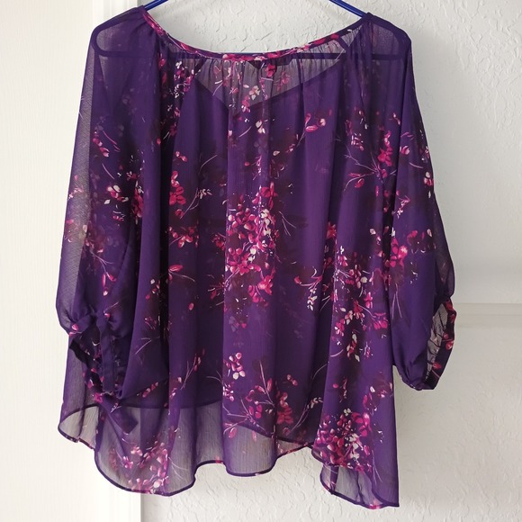 Express Floral Chiffon Sheer Tunic Blouse Boho Size S Purple - Picture 1 of 6